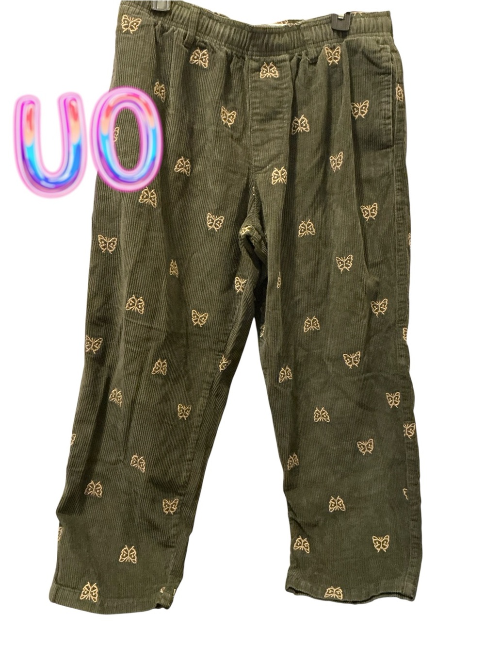 Urban Outfitters Olive Green Corduroy Joggers with Gold Butterfly Embroidery